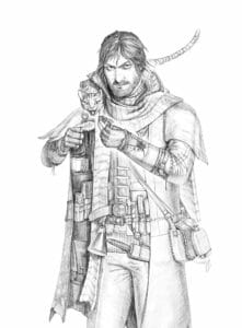 A black and white drawing of Caleb, with Frumpkin on his shoulder. He has his hair tucked behind his ear and is looking intensely forward, shoulders hunched as he opens his long coat. Inside his coat are tons of pockets holding spell components. He has lots of vials in loops on his belt, a dagger in a sheath, and a bag and flask slung over his shoulder as well. He is holding a piece of fish head up to Frumpkin, who has his mouth open and looks very excited.