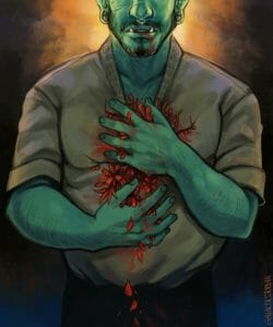 A drawing of Fjord that shows him from just below the waist to the tops of his cheek bones so his eyes are not visible. The background is blue at the bottom, deepening to black with a bright orange light like a halo behind Fjord’s head. His skin is a uniform light green, and he is wearing a white shirt and black pants. He is clutching his chest with both hands over a wound in his chest, but instead of blood there are red flowers and a few branches with red berries stemming from the injury.