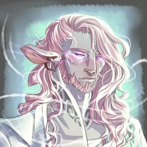 A cool toned drawing of Caduceus Clay. He is a grey skinned firbolg with long soft pink hair that is short on one side, and falling into his face a bit. One of his large floppy ears is visible, and there’s a spiral earring in it. He has a short pink beard, and is wearing an embroidered shirt with a high collar, and a very light teal robe with a white grid on it. His eyes are half closed and glowing purple, and he is blushing pink. There are white swirls all around him and a blue light behind him in a square, on a grey background.