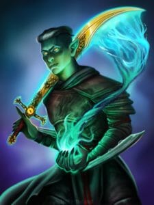 A painting of Fjord on a blue and purple background. He is a green skinned half orc with short black hair with a white streak, and he is looking sternly to the left. He has a large golden sword over his shoulder, with a yellow eye in the hilt and lots of barnacles at the base of the blade. The curved tip of the sword is covered in swirling water, that comes back around Fjord’s other shoulder and gathers in his hand, turning into a greenish blue fire. Fjord has long black claws, bright yellow eyes, and is wearing brown leather armor.