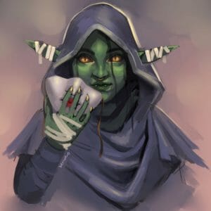 A digital painting of a bust of Nott the Brave. She is a green goblin with striking yellow eyes holding a porcelain mask with red lips in front of her face. She looks out at the viewer with an intense longing stare. She is wearing a gray hooded cloak that flows from her shoulders and billows in front of her neck.. Bandages cover her ears and her lifted hand. The artist uses light long brush strokes for the robes and background and short bold brushstrokes for the face drawing your attention to it. The piece has mostly dull and muted colours causing the green in her face to pop out at us.