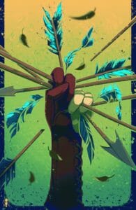A color illustration of Vex’s hand, her leather bracers of archery wrapped tightly around her wrist. In her hand she is gripping a fistful of arrows, all sticking out at different angles and facing different directions. One arrow is broken and falling from her hands. The feather fletchings of the arrows are light blue and many are damaged. The background is a gradient from light orange to gentle yellow to soft green.