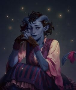 A painting of Jester, a blue tiefling with curly blue horns and a curly black bob cut. She has her hands steepled in front of her face and is looking to the right, smiling slightly and crouching. She is wearing fingerless gloves, a pink and purple dress with a blue and pink striped skirt, and has a pink bow on her tail which is curved behind her. Her horns have little silver caps and jewelry on them. All around her are little dots of gold light, on an otherwise dark blue background. She has lots of freckles and is blushing and smiling slightly.