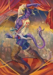 a digital drawing of Molly, a purple tiefling. He is standing on a stage framed by red curtains, with a blurry crowd behind him. He has a white shirt completely unbuttoned, with embroidered roses on it. His pants are striped blue and purple and tucked into thigh-high boots. He is covered in gold and silver jewelry, including bracelets, gold rings and caps and charms on one horn and matching silver ones on the other, several necklaces, and earrings. He has a long tail and is using it to hold one of his scimitars while he dances with one hand over his head and the other in front of him, tossing the other sword. His back is to the crowd.