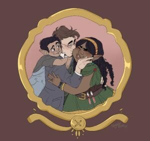 A digital drawing of a portrait of the Brenatto family. Luc is a young light brown skinned halfling boy with short black hair who is smiling brightly at his mother, Veth, as he hangs around his father’s, Yeza, shoulders. Yeza, a light skinned halfling man with short brown hair, is embracing Veth, his hands cupping her face as he kisses her cheek. Veth, a chubby brown skinned halfling woman with long black braids, smiles with her eyes shut tight, her arms wrapped around her husband. The portrait of the family is framed by an ornamental gold frame, with a small button decal at the bottom.