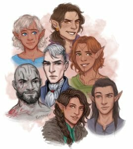 Busts of each member of Vox Machina on a white background. Pike is a gnome with medium toned skin and white hair almost down to her shoulders, with bangs. She has bright blue eyes and a scar over her left eye. She is wearing a light blue shirt and she’s smiling sweetly. Next to her, Scanlan is a lighter skinned gnome with gold eyes and long brown hair tied in a ponytail. He is wearing a purple shirt with a popped collar, and has freckles on his cheeks. He has a gold earring in one ear and is grinning confidently. Under them are Grog, Percy, and Keyleth. Grog is a goliath with grey skin, a short black beard and black line tattoos on his bald head, some of which come down over his forehead and eyes down to his cheeks. He has a blood splatter across the left side of his face, and is smiling slightly. Next to him, Percy is a white human with white hair that is very short, darker on the sides and slightly longer on top. He has a very angular face and blue eyes, and is wearing a grey cravat with a red gem, and a blue coat with a high collar. He has a serious expression on his face. Next to him, Keyleth is a half-elf with brown skin, facial tattoos, and short red hair just past her ears. She is smiling uncertainly and wearing a green shirt. Vex and Vax are under them, and are twin half-elves with tan skin and long, straight dark brown hair. Vex’s hair is in a braid and over her shoulder. She’s wearing gold earrings and a fur coat over a teal shirt, and she’s glancing to the side with a smile. Vax’s hair is hanging loose and he is wearing a dark blue shirt. He has an eyebrow raised in Vex’s direction.