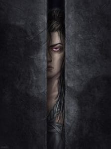 A full color drawing of Yasha. Only part of her is visible, most of her is obscured by heavy, grey, stone doors, in the process of closing. What is visible is one eye, purple, her dark hair, partially wound up in a bun with some strands escaping and falling over her forehead and longer strands coming down to her shoulders. What is also visible is her expression, a blank anger where her face is in a neutral expression but her visible eye and arched eyebrow show her contempt.