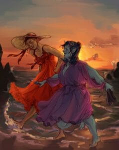 A drawing of Beau and Jester, walking barefoot in the surf on the beach. Jester is a chubby blue tiefling with dark blue shoulder-length hair, curly horns with silver caps, and is wearing a dark purple flowy dress. She is holding a pair of black slip on shoes in one hand. Beau is a dark skinned human wearing a sleeveless red dress with ribbons on the straps, and a large sunhat with a red ribbon. There are craggy rocks behind them, and the sun setting on the horizon. Beau is smiling fondly over at Jester, who is smiling back at Beau.