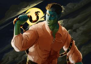 A drawing of Fjord from the waist up. The background is a night sky mostly obscured by dark clouds, except for a few stars and the bright yellow moon in the top left center. Fjord stands in the middle, wearing a white billowy pirate shirt stained with a bloody handprint on the front. Fjord is back lit by the yellow moon. A large snake is coiled around his left arm, and he’s gripping it with his right hand to keeps its head away from his face. The snake has its mouth open, with large fangs, and ready to strike. It is patterned like a corn snake, a wide black stripe, then a narrow yellow one, and a wide red one, and another narrow yellow in a repeating pattern. Along the entirety of the snake’s body there are yellow spots roughly aligned with each other reminiscent of Uk’otoa’s eyes. Fjord is frowning unhappily at the snake.