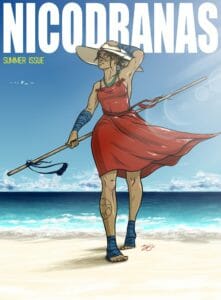 A magazine cover style drawing of Beau in a sleeveless red dress, walking on a beach. White text behind her head says “Nicodranas”, and smaller yellow text under that says “summer issue.” Beau is wearing a large sunhat and holding it on her head, and in her other hand has a long thin quarterstaff with some blue fabric tied on one end. Her dress ends just above her knees and has a ribbon around the waist, and two little bows at the thin straps on her shoulders. Beau has brown skin and a tattoo of a circle with some smaller circles inside it on her right calf. She is wearing a necklace of bright blue stones and her forearms and feet are wrapped in dark blue wrappings. Behind her is a bright blue ocean and some gathering clouds.