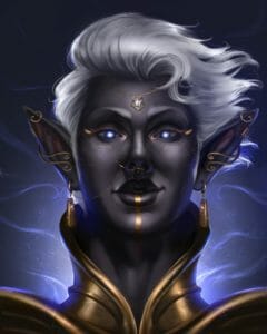 A drawing of Essek Thelyss, the Shadowhand, from the neck up. He is a thin drow man with short white hair that is being blown to the side. He has dark full lips and glowing blue eyes. His face has a lot of gold details around his cheeks, a thick gold line down his chin, and he is wearing gold eyeliner. He has a circlet with a symbol of a dodecahedron on it on his forehead, and gold earrings and ear cuffs on as well. He is wearing a high collared golden mantle. The background has lots of blue swirls and light effects. He’s looking straight at the viewer with a very slight smile.