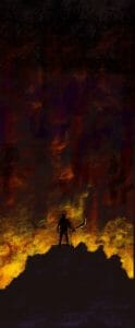 A long, vertical illustration of Fjord against a fiery backdrop, as he faces away from the viewer on a black rocky hill. Fjord is drawn as a small featureless black silhouette, his curved sword extending from his right hand. He stands out sharply against the bright orange flames, and his sword has a sheen along its edge. The flames transition into dark purple and then black smoke further up the picture, going well above Fjord’s head.