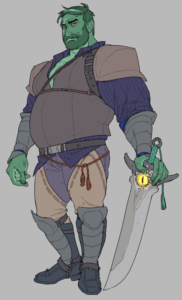 A drawing of Fjord on a grey background. Fjord is a fat half orc with green skin, short hair and a beard. He is wearing leather armor over a striped blue shirt. His shirt is open, exposing his chest. He has a red rope tied around his waist, and is carrying a falchion at his side. On the hilt of the sword is a yellow eye that looks out towards us. The piece consists of large blocks of muted colours. The lines outlining the colours are thin and delicate