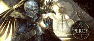 A detailed horizontal painting of Percy in a steampunk style. He has a large mechanical bird perched on his shoulder, and there is a clock in the background. Percy is wearing an elegant fur-lined cloak with gold embroidery with a fancy white underneath. One of his hands is raised and has an ornate gauntlet with a bright blue light on it. His cloak, glasses, and the bird also have the same bright blue lights. On the right of the drawing is a symbol like the outline of a d20 with “PERCY” written on it.