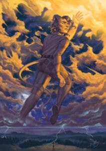 A painting of Mollymauk, massive and taking up most of the sky, seemingly made out of clouds himself. He is drawn in shades of grey and yellow from the sun shining down through the clouds. The sky between the clouds is dark blue and dotted with stars. Molly is waving over his shoulder as he steps upward into the sky. At the bottom of the drawing is a hill with a staff with his coat hanging on it, tiny in comparison to Molly. Three streaks of lightning come from the bottom of the clouds to the ground and the forest below.
