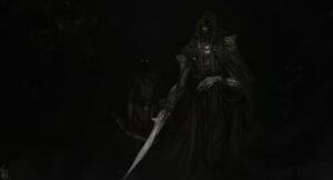 a dimly-lit illustration of the Laughing Hand and Yasha, standing in the dark. The Laughing Hand is in the front and off to the right side of the image. He’s wearing a black hooded cloak, and his long, sinewy arms are covered in toothy mouths. One of his arms extends into a long blade. His eyes are glowing and he has a sinister smile on his face. Yasha is visible standing behind him to the left. She’s holding a bloodied sword and her face is completely cast in shadow so that all that’s visible is her glowing eyes.