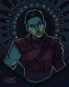 a drawing of Fjord from the waist up in front of a dark, detailed background. Fjord is wearing leather armor and is looking at the viewer with an intense expression and a furrowed brow. There’s a dark circle directly behind his hand, framed with dots and ovals to form a sort of halo. The bottom of the image is patterned with dark chevron stripes with lines along the edges like stitching.