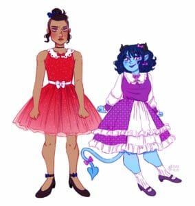 a drawing of Beau and Jester, wearing fancy dresses and standing in front of a white background. Beau’s dress is sleeveless, red and sparkly with a full knee-length skirt. The collar is lacy and there’s a white bow cinched around her waist. She’s standing with her arms stiff at her sides, looking grumpy. Jester’s dress is purple and white, with a full ruffly skirt, a lacy collar and long sleeves. She’s smiling happily and posing.