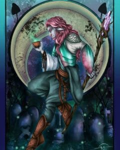 A digital painting of Caduceus. He is facing to the left holding a cup of tea. Caduceus is a light gray firbolg with long pink hair and a pink beard. He has long gray droopy ears and a pink nose. He is wearing bright green armour covered in pink lichen over a long white shirt, dark green pants, multiple brown leather belts, and brown boots that go up to his knees. In the background there are several decorative concentric circles that resemble multiple downturned crescent moons. Below them is a scene of a graveyard where the headstones are overgrown and starting to fall over.