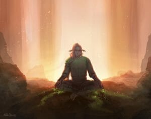 A digital drawing of Caduceus as he meditates cross-legged. He sits on a small mound, hands on his knees and eyes closed in concentration. Intense heat, light and sparks can be seen in the background, as if coming from lava. The surroundings are rocky. From where Caduceus is sitting, green grass is beginning to grow.