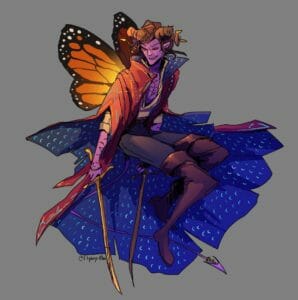 A digital drawing of Mollymauk, a purple skinned tiefling, in front of a gray background. He poses holding two swords pointed down below him as he hovers in the middle of the image, his knees pulled up as if he is sitting. He has two glowing orange and black monarch butterfly wings on his back with white dots along the wing tips. He is lit from behind with a bright orange glow from the wings, and his face is turned to the side so that it is fully illuminated. He has red eyes, a sharp grin on his face, and two horns that curl from the top of his forehead to his pointed ears. He is wearing an open-chested white shirt that is rolled up to his elbows, dark blue pants, and high brown boots that go up to his mid thigh. His coat is maroon with a blue inside lining. The collar goes up to his chin and the rest of the coat is fanned out behind him to display the inside, which is covered in tiny bright blue crescent moons. The outside of his coat is decorated with bright orange and blue lines and dots to depict elaborate embroidery. He has a long thin purple tail with a tip shaped like an arrow and two golden rings at the end of it. His tail is curled below him and between his feet.