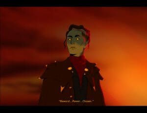 An illustration of Fjord staring into the distance, against a red and orange background, reminiscent of flames or magma. He has wavy hair, black with a hint of grey streaking in the front. He has small scars across his face. His ears are pointed and he has one golden earring visible. Fjord is wearing a thick brown overcoat with golden buttons and adornments. Two yellow eyes dot his jacket like lapel pins. At the bottom of the piece is dialogue, also written in a gold color, reading: “Reward… Power… Chosen.”