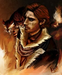 A digital painting of a bust of Caleb with Frumpkin the cat perched on his shoulder. Caleb, a white man with red hair and dirty skin, is looking off to the side with a stern expression on his face.  He wears a ratty coat with a wide fur collar and a dirty scarf. Frumpkin is a bengal cat with orange striped fur. He is stretching as if he wants to walk down Caleb’s chest, and he hisses at something out of frame. The background looks like an oil painting with large streaks of oranges and pinks filling the bottom, and wide dark streaks filling the top, made to look like Caleb is surrounded by fire. The artist makes use of contrast using dark bold lines and dark colours contrasted with the red/orange tones of the cat, Caleb’s hair, and the background.