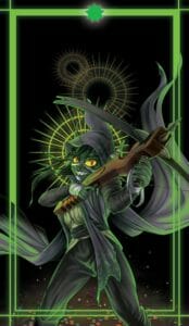 A digital rendering of Nott the Brave, a green goblin with bright yellow eyes. She poses with her crossbow pointed out in front of her. She smiles at us as if posing for a photo. She is wearing a black hat, a long cloak that flows back behind her, and bandages wrapped around her arms. Surrounding the black background is a green neon border that casts a green reflection of light across her. Her leg crosses over this border jutting out towards us.