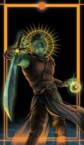 A digital rendering of Fjord, a green orc, as he poses with an arm by his head holding his sword point down. He’s blasting a green orb from his other hand. He is wearing a leather top with a belt on it, a flowing black cloak tied with a red rope, and leather knee pads. His sword is aqua green, shimmering with water. On the hilt is a yellow eye looking out towards us. His own eyes are a similar yellow.  The image is framed in an orange border that reflects orange light onto Fjord as he steps over the bottom line of the border, one foot straddling each side. Behind his head is an orange and green circle with lines coming out of the centre resembling a sun.