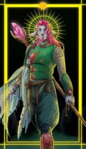 A digital rendering of Caduceus, a grey-skinned firbolg with bright pink hair and goatee. His ears droop down from his face, which has a soft, almost sad smile on it. He poses with a large wooden staff held behind his back and one foot forward. The staff has a bright pink crystal extending off the top of it that sits next to his head. He is wearing a green armoured chest piece that has pink moss growing on it. He also wears green pants and a tan silk shirt, both with swirl detailing. Draped off his shoulder is a torn blue cloth with holes and a checker pattern. The image is surrounded in a yellow border that he steps over, with a yellow and green circular sun shape behind his head. The border casts a yellow light over him.