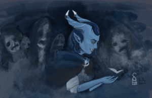A digital illustration of Jester reading to ghosts. Jester is a blue tiefling with dark blue hair, and she’s wearing a dark blue cloak with a silver clasp. She is in the center of the picture facing right, holding an open book that she is reading from. Behind her are several ghosts, drawn as white faces emerging from a dark grey misty backdrop. The ghosts’ faces are wispy, with their only features being holes for eyes and mouths, and a suggestion of hair. Jester is smiling, and the ghosts have vacant frowning expressions.
