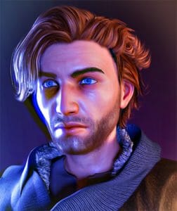 a 3d digital model of Caleb from the shoulders up. He is a light skinned human with medium length auburn hair that curls away from his face. He is looking to the left with a blank expression. He is illuminated by a blue light source casting blue streaks of light across his face. He has piercing blue eyes that the light bounces off of. He has a bold nose and a stubbled face. He is wearing a jacket with a wide fur lined collar. The background is a shade of blue that turns into purple.