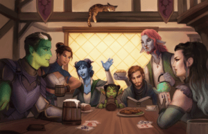 A group picture of The Mighty Nein sitting at a table in an inn. Behind the group there is a window with diagonal cross hatching and warm yellow light. Frumpkin is lying on a wooden beam above the group, one eye open and watching them. From front to back: Fjord and Yasha sit in the forefront both of them have playing cards in front of them and look to be talking. Fjord also has a frothing mug in front of him. Next, on the left side behind Fjord, Beau and Jester are talking, Beau with her elbow leaned against Jester’s shoulder and holding a mug, and Jester is gesturing with one hand in the air and looks excited; she also has a sweet roll in front of her. At the back and in the middle is Nott who is tipping a mug toward herself happily. To the right of Nott is Caleb who is reading a book quietly and glancing at a teacup sitting in front of him. Caduceus is to Caleb's right, holding a turquoise tea kettle in one hand and in the other he is holding a bowl of snacks and reaching around Caleb to place them on the table.