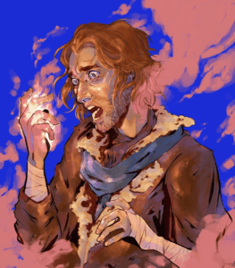 A drawing of Caleb, a white human with ginger hair, looking shocked and in pain. He is wearing a brown coat and blue scarf, and looking at his hand raised in front of him, which is glowing and emitting a pale pink smoke. There is also smoke surrounding him from the waist up and gathering behind him against a bright blue background.