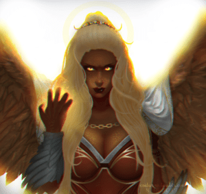 A drawing of Reani with a grim, intractable expression. She has one hand raised, palm facing inward, as gold energy mists up from between her curled, tensed fingers, and she stares straight ahead with eyes that glow a similar color. A small white cape folds loose over her large brown wings, which are fully extended behind her and cut off by either edge of the frame. Bright white light shines behind her, casting a golden glow on the tops of her wings, the edges of her white-blond hair, and her tiny gold freckles.