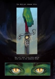 1 of 4: A full color comic featuring Fjord and the Mighty Nein from Critical Role. The first page shows a dark background with an image of Fjord’s hand reaching for the falchion, a barnacle-encrusted sword with a handle wrapped in red leather and a yellow eye with a reptilian pupil in the center of the hilt. Text above the image says “You did not choose this.” A second image shows a close up of Fjord’s eyes which are the same light yellow as the eye on the falchion. Text above this image says “But all your life this world told you to be someone else.”