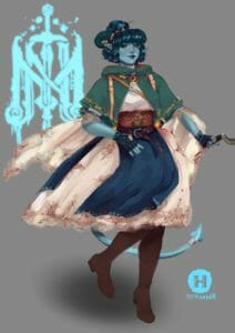 A digital drawing of Jester on a gray background. Her shining blue hair is half in a bun and her ruffled pink skirt sways to one side as she seems to dance. She seems to be holding a hook in one hand, and wears a backpack over her short green cloak. Behind her, dripping in light blue, is the Mighty Nein symbol, a capital M with a smaller capital N in the middle, lines interwoven, and a sword struck through the center of both letters, in a style resembling medieval calligraphy.