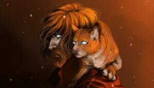 Digital drawing of Caleb’s profile with Frumpkin sitting on his shoulder. He stands in front of a red background with embers behind him. He is a white man with long red-orange hair half covering his face. He has a long pointed nose and a medium length red-orange beard. Sitting on his back is a large orange cat, one hand braced on his shoulder. Both the cat and Caleb’s eye’s are a bright blue/white void that shines light on their faces.