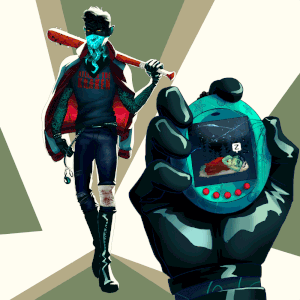 a stylised digital painting of Fjord dressed in modern clothing. On the left hand side of the painting is a full body portrait of Fjord, a skinny half-orc man with dark green skin that is heavily tattooed, yellow eyes, and short hair. The bottom half of his face is obscured by a bright blue bandana tied around his head, that has a bright blue tentacle pattern on it. He wears a short sleeved shirt that reads “release the kraken,” a red and white varsity jacket thrown over his shoulders, skinny jeans and leather boots. Around his knee is a bloodied bandage, and he holds a wooden baseball bat with nails poking out of the end, slung across the back of his shoulder. At his waist is a studded belt, with a tamagotchi hanging loosely from it. On the right hand side is a closeup of Fjord’s hand holding the tamagotchi. The display on the tamagotchi screen is a gif of a small 8-bit Fjord sleeping, tossing and turning, and then waking up and vomiting water.