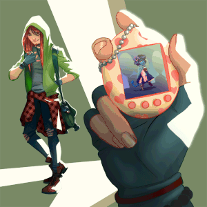 An animated gif of a pale man wearing a grass-green hoodie with the hood up and the front unzipped to show a darker-green shirt. He has long red hair and a short beard. He is wearing ripped jeans, green fingerless gloves, a red plaid shirt tied round his waist, and a green satchel slung over one shoulder. He’s got one hand on his hip and is smiling down at something in his hand. In the foreground, we see his gloved hand holding a little tamagotchi toy, cream-colored with pink hearts, and a small, slightly-pixelated Jester walks across the screen, smiling cheerfully. She stops after a moment, turns to face forward, blows him a little heart-kiss, and winks. In the background drawing, his smile widens, and three little hearts pop up and dance by his head.