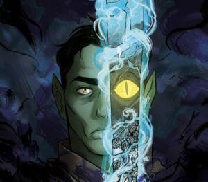 1 of 2. A digital painting of Fjord, holding the falchion in front of his face. It rests on the right, cracked into several pieces, seemingly held together by the spectral blue energy that crackles round it like a cross between water and lightning. Reflected in the center-piece of the blade, directly over where Fjord’s eye would be, is a large yellow snake eye set in a green-gray face, more sallow than Fjord’s skin. Beneath this are smaller blade-shards, encrusted with barnacles that resemble smaller, duller snake eyes. Fjord stares forward with a neutral expression, his one visible eye shining the same yellow as Uk'otoa’s, and the barest hint of his forehead scar peeking out from behind the spectral energy from the sword–energy which obscures the white streak in his hair. The background is a wash of overlapping blues and grays, dull like deep ocean water, crossed through with dark purple like scraggly seaweed which rises up over his chest and around behind his head, curling towards him.