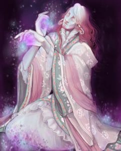 A painting of Caduceus in a long robe with large sleeves. It is light pink with a green lining and lots of delicate embroidery. His hair is very long and he has his eyes closed, and his hands are raised in front of him and glowing with pink and teal light. Images of mushrooms are surrounding his hands, and he looks to be sitting in a bed of flowers. The whole painting has an ethereal feeling.