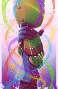 Digital drawing of Doty’s robotic hand lifting up Taryon’s armoured hand below it. The image is on a pink fading to purple background. Rainbow swirls coil around the hands, weaving in and out like DNA. Doty’s hand is circular and an olive green, the fingers hang loosely off the robotic hand. Tary’s silver/blue armoured hand latches onto Doty’s, his fingers curling around the robot’s wrist.