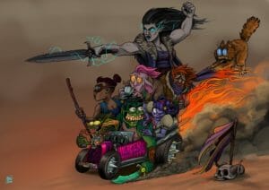 A drawing of the Mighty Nein piled into a race car. The car has spikes on the wheels and is purple with “Mercer Mobile” written in bright pink capital letters alongside a decal of a d20. The front of the car has a flaming skull on it. Nott is in the front, with her tongue waving out behind her and her flask spilling alcohol. Behind her Beau is looking out to the left sternly, goggles on her face. Next to her Fjord drags his sword alongside the car, creating a bunch of dust and smoke, with a wild expression. Jester is in the midst of tattooing something on his shoulder, next to Caduceus who is nervously attempting to drink a cup of tea. Next to him, Caleb is holding a closed book, hands and the lower half of his body surrounded by flame that encompasses the back half of the car and flares out behind it. Frumpkin is hanging onto his scarf and trailing behind the car. Yasha stands in the back with her sword extended forward, flexing. Her sword, hand, and eyes are all emitting bolts of lightning. On the ground next to the car is a stick with a purple coat on it, above a horned skull.