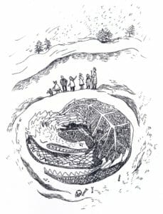 A line drawing of Gelidon, curled up in a circle like a cat or a coiled snake. She’s got spiky teeth, a long snout, spines at the crest of her head and down her neck, and what appears to be broad panels of scales in two rows down the wings that curve over her back, plus spikes along the ridge of her tail. She has no visible arms and so appears like a great sleeping wyrm. A few bones and a skull lie in the snow near the end of her tail, and, on the opposite side, a little ways away from her form, the Mighty Nein and Reani stand all in a row, looking on. From left to right, drawn tiny with minimal detail, is Nott, Jester, Fjord, Beau, Reani, Caleb, and Caduceus. Behind them are snowy hills, dotted with pine trees, and a colorless sky, from which more snow falls.