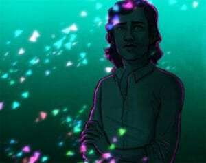 A drawing of Caleb Widogast on a green-blue background scattered with bright triangles like crystal shards in green, blue, and pink. He’s looking off into the distance and clutching one of his arms.