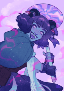 A digital drawing of Jester, facing right, looking over her shoulder and grinning wide at the viewer, a shine in her purple eyes. She’s holding her spiral lollipop in both hands in front of her, angled a little behind her head, almost like a baseball bat ready to swing. The background is a light purple sky with fluffy clouds and swirls of hazy pink, like magic energy or sweet perfume. There are sparkles scattered over the whole thing.