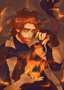A digital drawing of Caleb facing right, one hand held palm-up, producing a wash of hazy orange flame that casts light upward over his front. His other hand hovers high above the first, palm down, fingers loosely curled. He stares dead-eyed into the middle-distance, hair tossed by an unseen wind, scarf flying up over one shoulder. The background is various browns, highlighted in places by curves of orange like licks of flame.