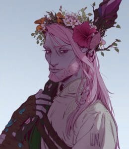 A chest-up digital drawing of Caduceus on a light blue background. His hair is parted to the left and he is wearing a flower crown on his head. He is looking down with a neutral expression and resting his staff on his shoulder.