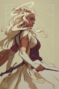 A drawing of Reani in profile facing left, glancing over her shoulder. Her hair dances around her and her skirt flares out as though she’s mid-turn, and she holds a weapon in both hands--a sword on the right, and a wand on the left. There are brown flowers in her white hair, a few shades lighter and yellower than her warm brown skin, which is dusted with gold freckles. A halo surrounds the small bun on the top of her head, and thin lines streak down from it, white on the light tan background, like radiant sunbeams.